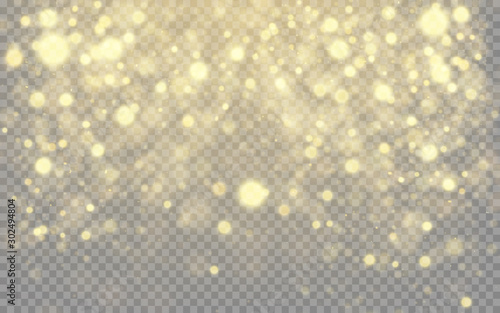Gold bokeh, glowing light effect on transparent background 