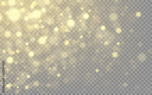 Gold bokeh, glowing light effect on transparent background 