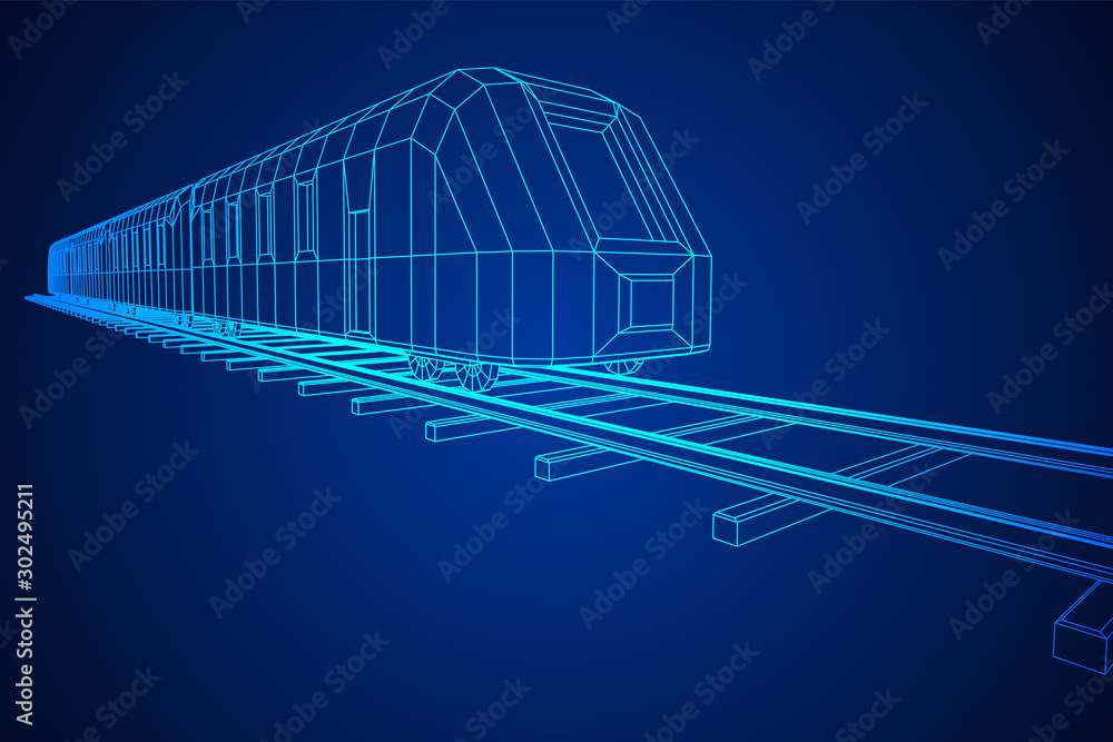 Modern high speed train on straight rails. Railway wireframe low poly mesh vector illustration - obrazy, fototapety, plakaty 
