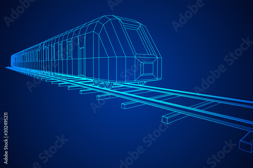 Modern high speed train on straight rails. Railway wireframe low poly mesh vector illustration