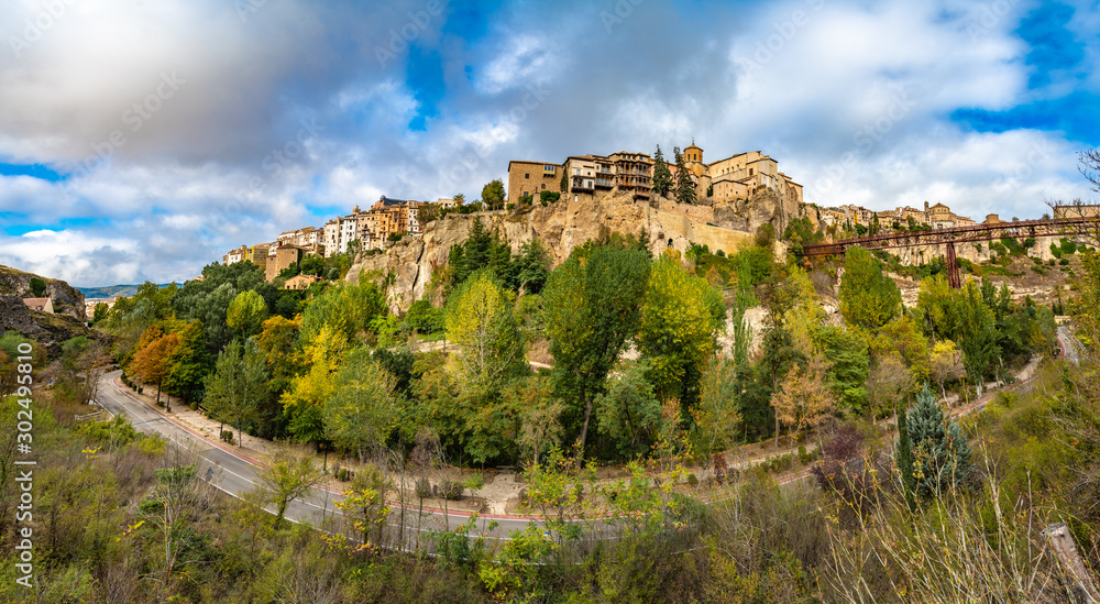Panoramic view of Cuenca and famous hanging houses, Spain.
