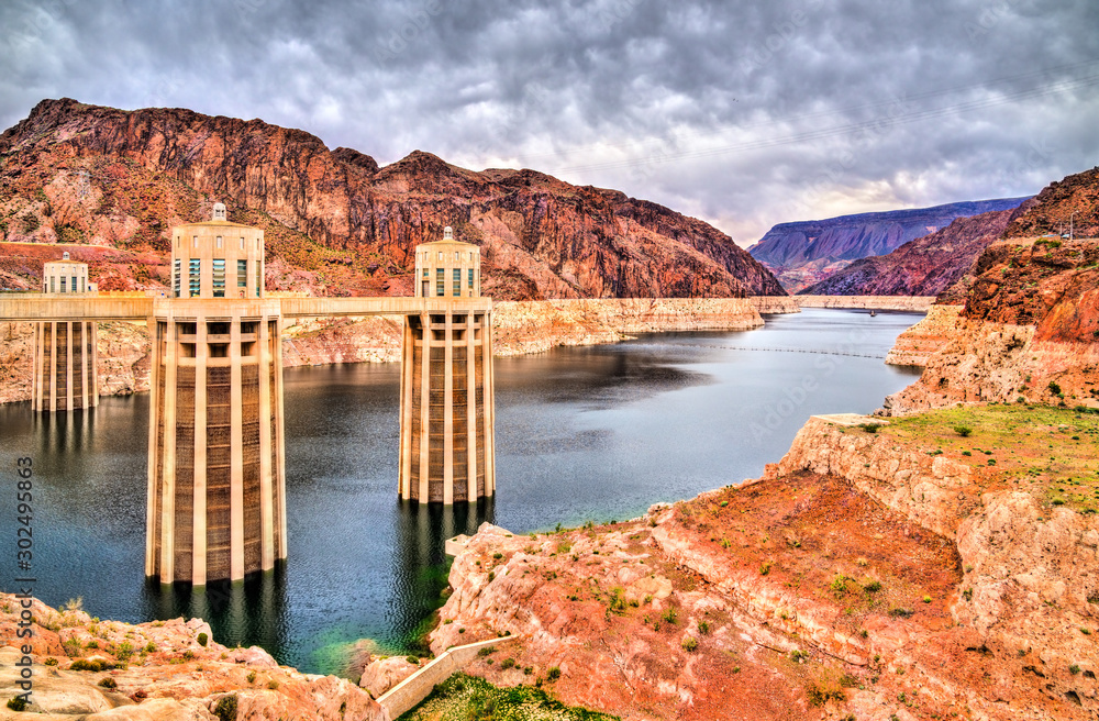 Penstock towers at Hoover Dam on the Colorado River, the USA