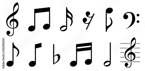 Music notes icons set. Black notes symbol on white background - stock vector.