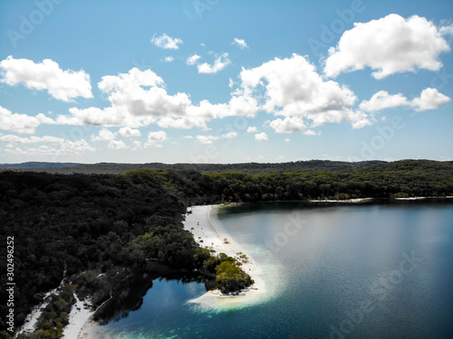 Drone shot of soft clouds over Lake McKenzie on Fraser Island photo