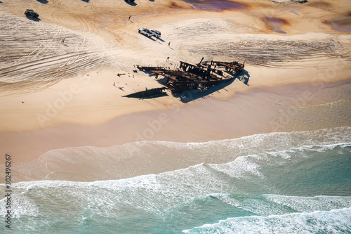 View of the Maheno shipwreck on Fraser Island from a light aircraft photo