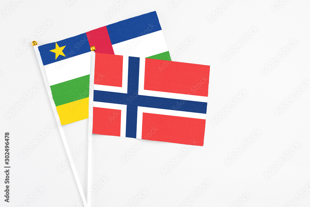 Norway and Central African Republic stick flags on white background. High quality fabric, miniature national flag. Peaceful global concept.White floor for copy space.