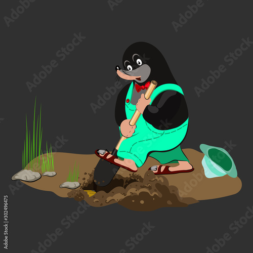 A little tired cartoon mole in a bright salad suit with a red bow-tie digs a hole with a shovel at night and finds a treasure chest. Vector fairy-tale illustration for children, print on baby clothes