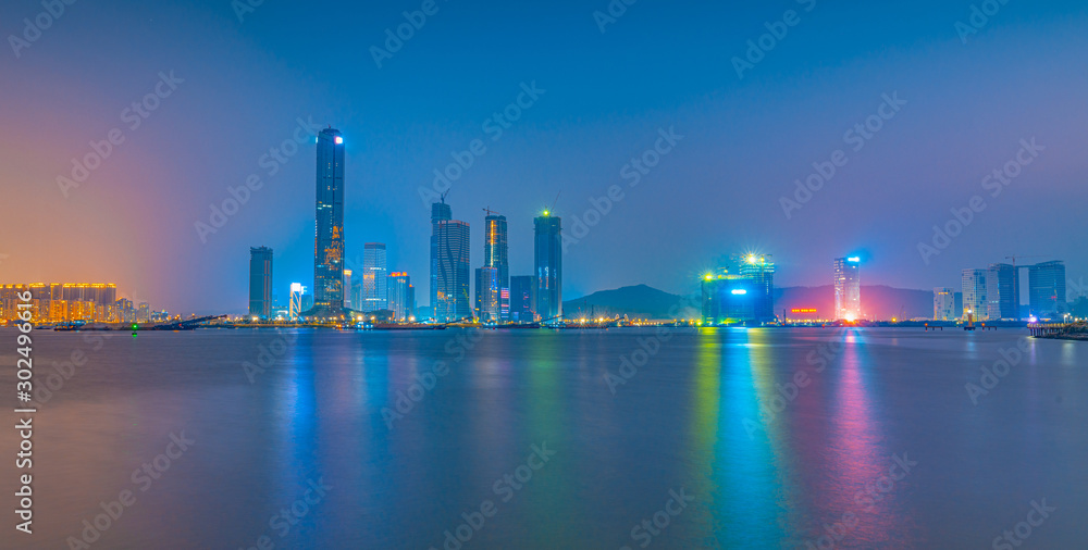 Night view of the financial base and center building in Zhuhai, Guangdong Province, China