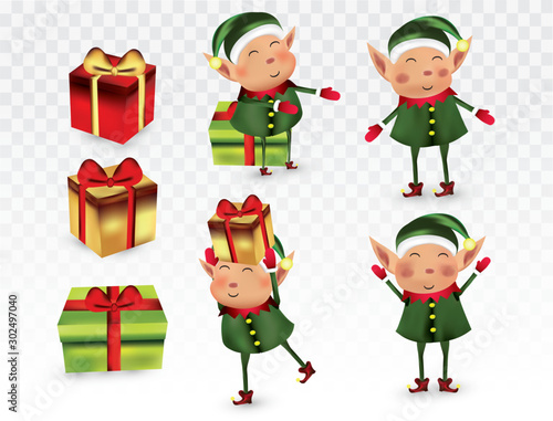 Collection of Christmas elves isolated on transparens background. Little elves. Santa's helpers. Elves with gift presents. Icon set. Beautiful illustration.