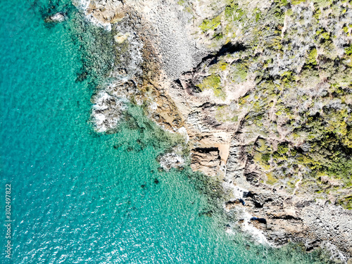 Aerial view of rocks and sea at Agnes Water Main Beach