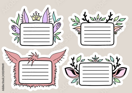 Set of Cute Hand drawn Doodle Banners and Ribbons isolated on white background for your Design. Bullet journal Ideas. Girly Stuff. Sticky Notes.