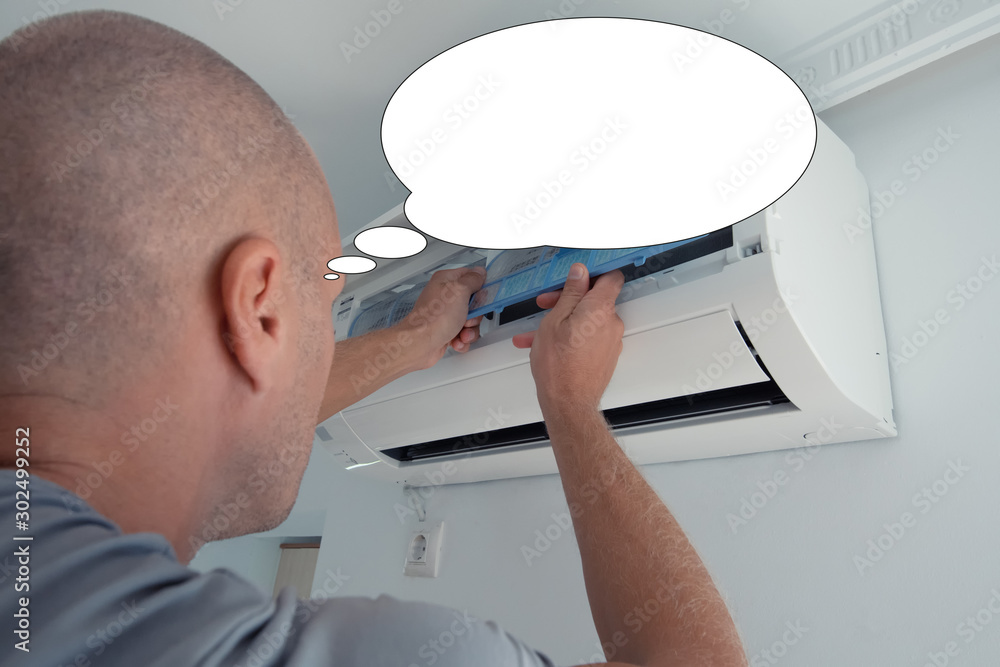 Obraz premium Funny picture with bubble idea man air conditioning repairs.