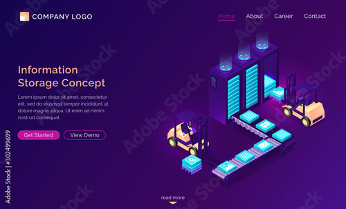 Information storage isometric concept, technology vector illustration. Server racks, conveyor belt with web information icons and yellow loaders loading data in database, purple network banner