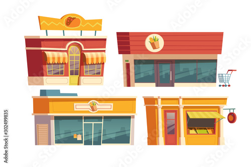 Fast food restaurant and shops building cartoon vector illustration. Facades of food markets and cafes or bistros with signboards. City small business storefront exterior isolated on white