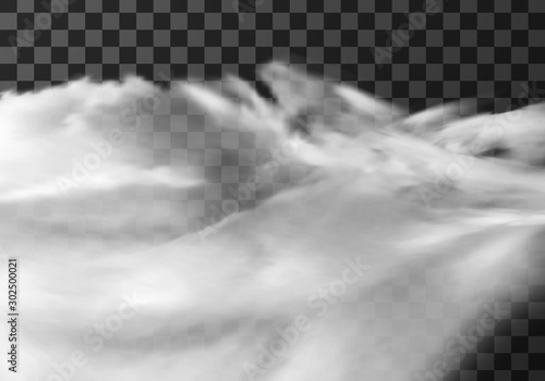 White cloud border, weather meteo frame realistic vector illustration. Fluffy cirrus cumulus cloud, isolated on transparent background. Realistic element, weather banner