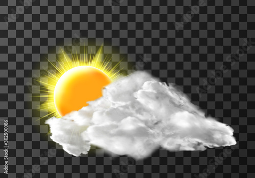 Sun light cloud cover weather meteo icon realistic vector illustration. Realistic elements for weather forecast, sun and white cloud, isolated on transparent background