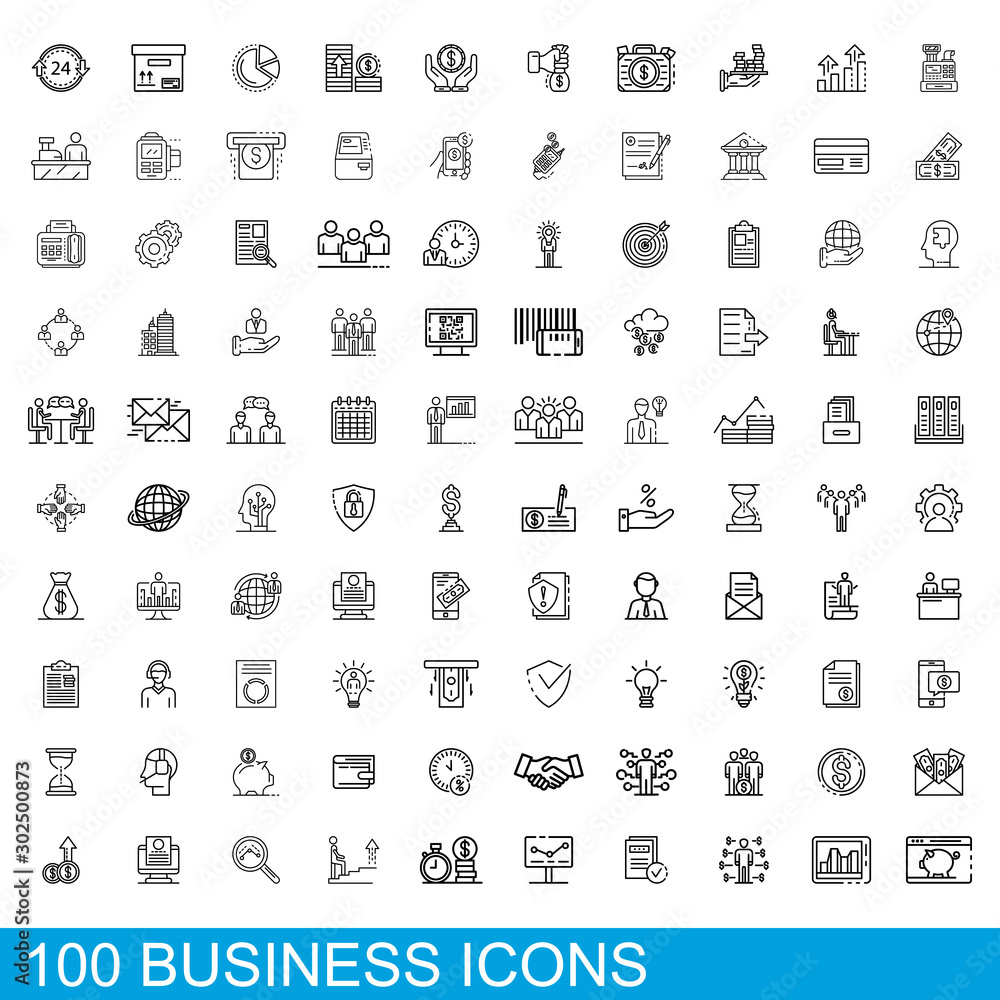 100 business icons set. Outline illustration of 100 business icons vector set isolated on white background 100 business icons set. Outline illustration of 100 business icons vector set isolated on white background