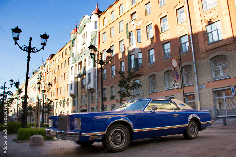 Stylish retro car. Malaya Konyushennaya Ulitsa (Little Stable Street). Saint-Petersburg/ Russia. 