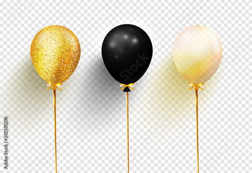 Balloons isolated on transparent background.Realistic gel balloons: gold with sequins, black and transparent yellow.Vector illustration. photo