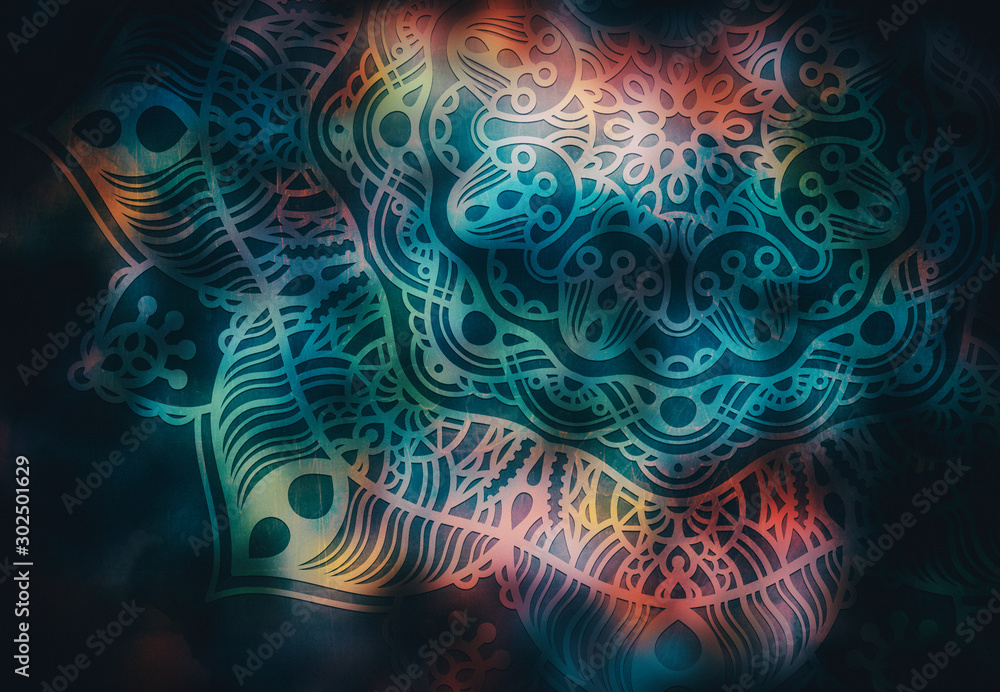 Abstract mandala graphic design and watercolor digital art painting for ancient geometric concept background Abstract mandala graphic design and watercolor digital art painting for ancient geometric concept background