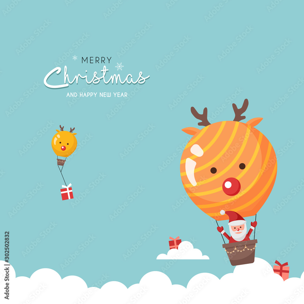 Christmas cute greeting card with santa and reindeer air balloon Christmas cute greeting card with santa and reindeer air balloon