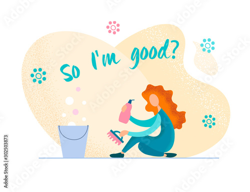 Cheerful girl cleaning the floor with a brush with cleaning agent