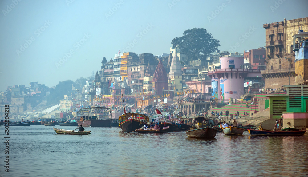 Varanasi, Banaras, Uttar Pradesh, India - February 03, 2011: Ghats (Banks) on the Ganges River in Hindu holy city varanasi, india