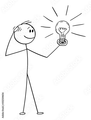 Vector cartoon stick figure drawing conceptual illustration of thinking man or businessman watching shining light bulb in his hand. Creativity concept.