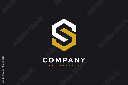 White and Yellow Geometric Hexagonal Line Letter S Logo Concept Design Template  isolated on black background. Vector Illustration.