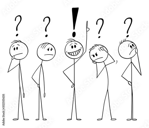 Vector cartoon stick figure drawing conceptual illustration of group of five men or businessmen thinking together hard about problem. Solution found. Brainstorming concept.