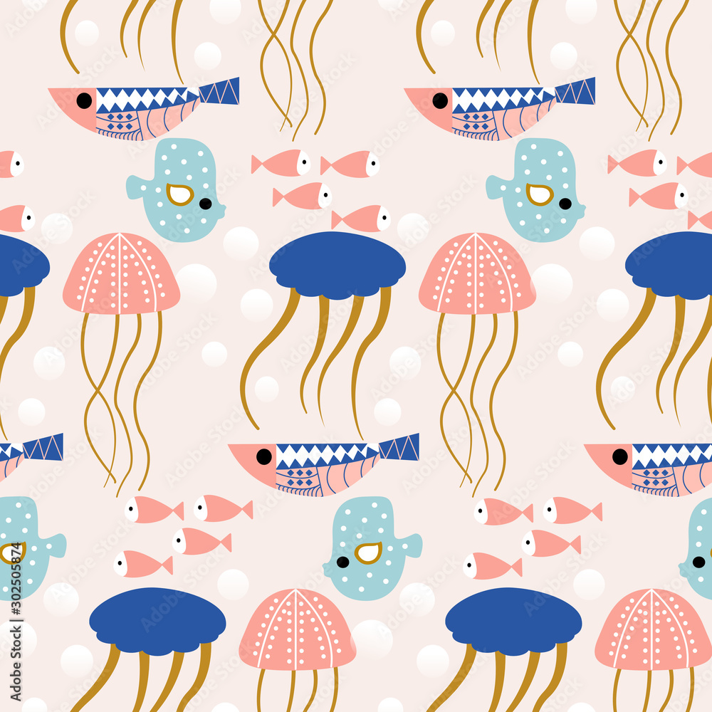 Blue and pink pattern design with jellyfish and colorful fishes Blue and pink pattern design with jellyfish and colorful fishes