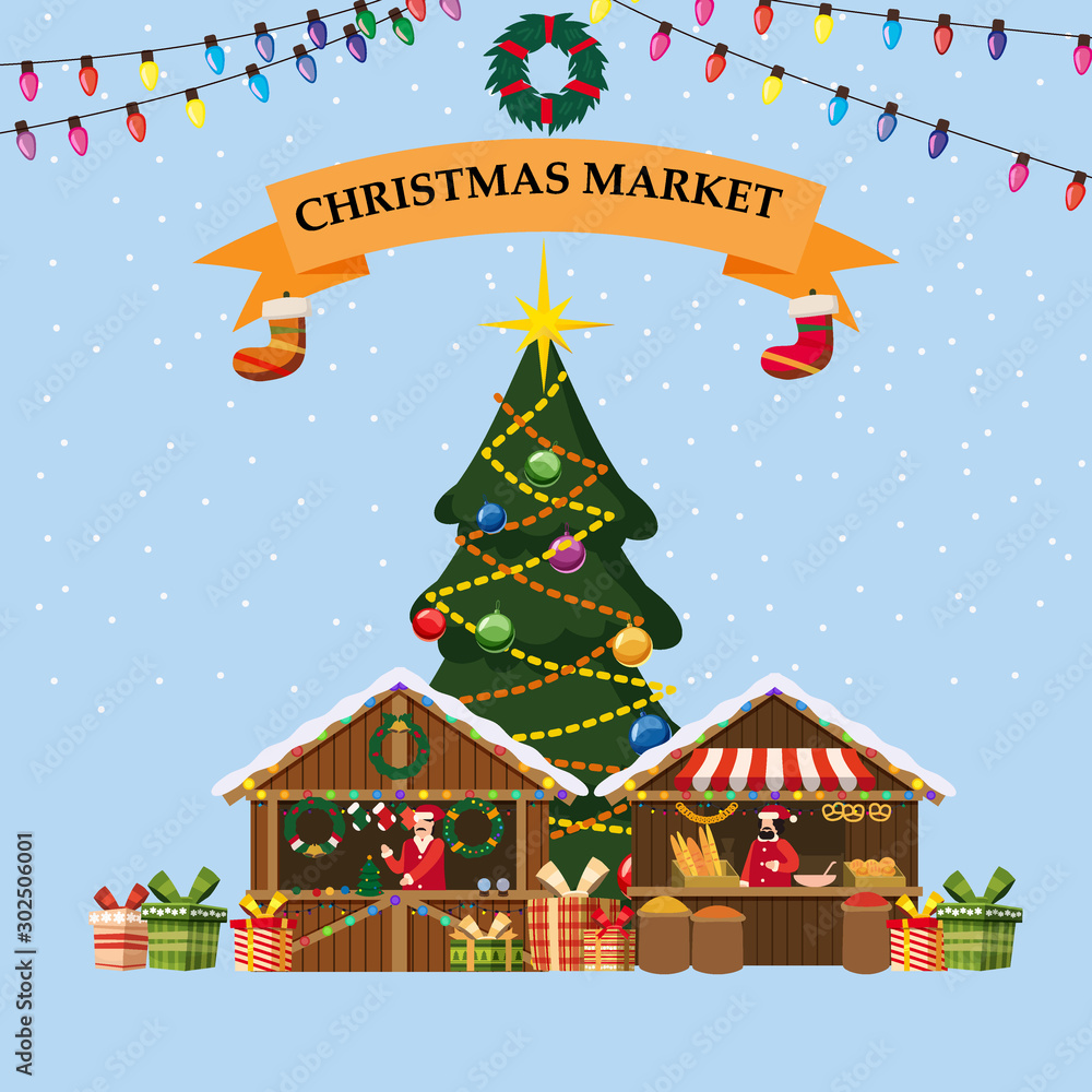 Christmas souvenirs market stall with decorations and bakery. Big Christmas tree Xmas shop with garlands decorations