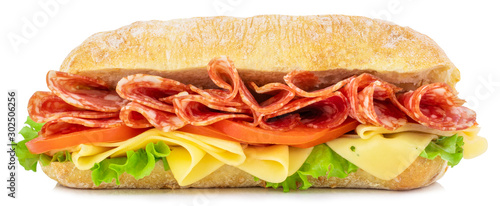 Ciabatta sandwich with lettuce, tomatoes prosciutto and cheese isolated on white background