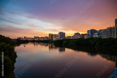 Sanya Cityscape with Sanya River View and Apartment Buildings in the sunset time  Hainan Province  China