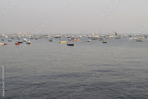 A lot of boats at the sea in Mumbai Harbor, India