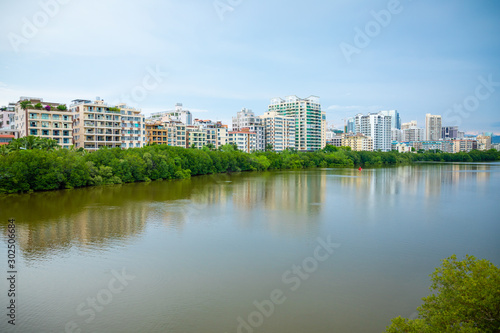 Panorama of the city of Sanya from the center of the river. He Ping Jie  Tianya Qu  Sanya Shi  Hainan Sheng  China