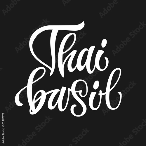 Thai basil - white colored hand drawn spice label. Isolated calligraphy scrypt stile word. Vector lettering design element. Labels, stikers, packages design element. photo