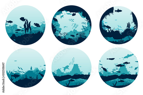Set the underwater scene. Silhouette of fish and algae on the background of reefs. Flora and fauna of the ocean.