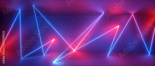 3d abstract neon background, chaotic lines, geometric shapes, speed of light, trajectory path glowing in ultraviolet light, violet pink blue laser rays