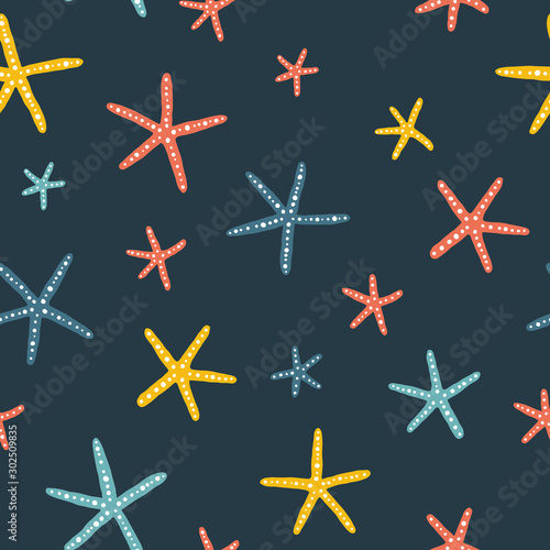 Starfish pattern. Vector seamless background with funny sea character in a simple cartoon Scandinavian style on a dark background. Limited colorful palette perfect for printing