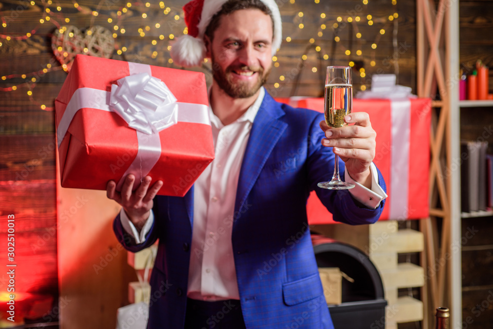 Tradition giving gifts. Businessman excited face hold gift box. Secret  santa office tradition. Celebrate christmas corporate party. Man formal  suit hold gift box. Christmas gift from colleague Photos | Adobe Stock