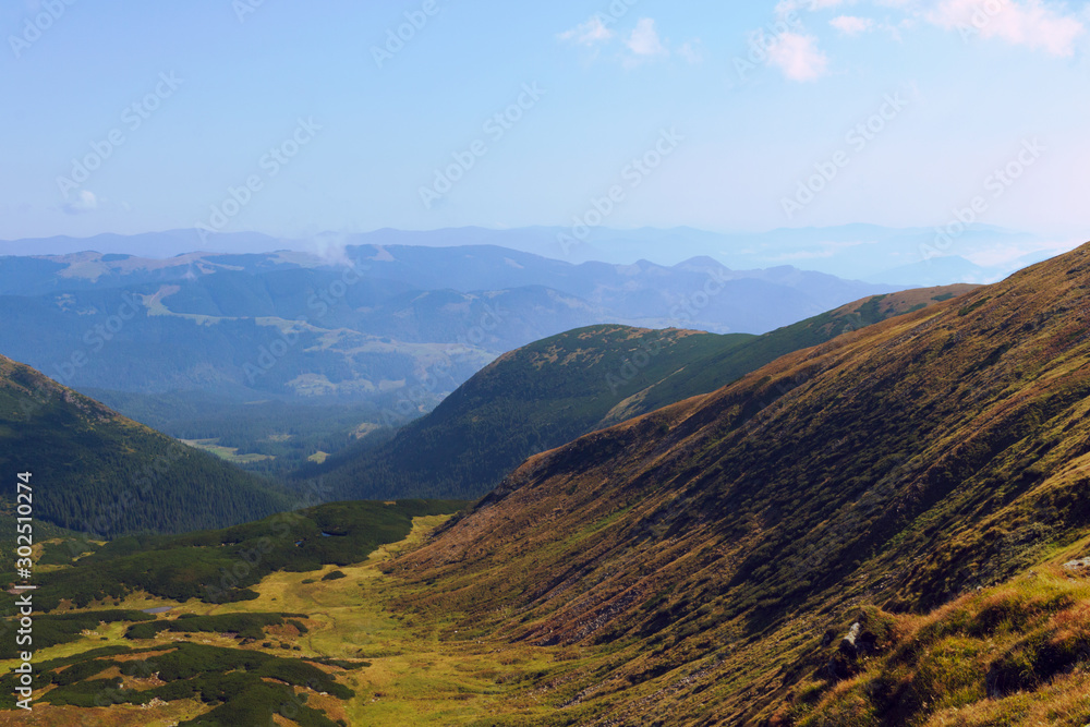 Landscape of summer mountain valley in Carpathian Mountains. Amazing nature, summer in beautiful mountains.