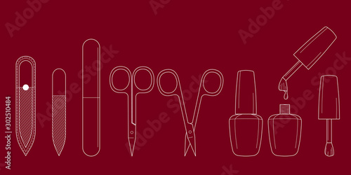 Manicure set. Nail file, buff, nail polish with a brush, open and closed scissors. Isolated. Design for banner, flyer, poster or print, websites, web design, mobile app.