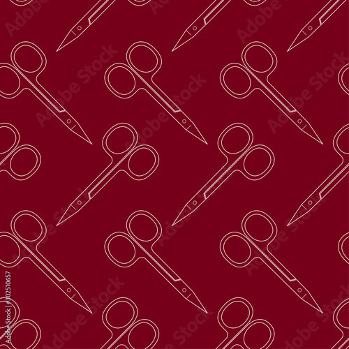 Pattern of scissors for manicure and pedicure. Vector texture. Thin line symbol. Design for banner, flyer, poster or print, websites, web design, mobile app on white background.