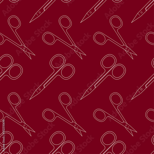 Pattern of scissors for manicure and pedicure. Vector texture. Thin line symbol. Design for banner, flyer, poster or print, websites, web design, mobile app on white background.