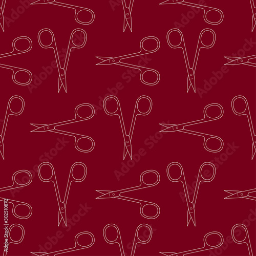 Pattern of scissors for manicure and pedicure. Vector texture. Thin line symbol. Design for banner, flyer, poster or print, websites, web design, mobile app on white background.