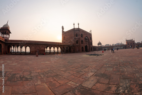 Exterior and interior of Masjid e Jahan Numa (World-reflecting Mosque), commonly known as the Jama Masjid of Delhi, one of the largest mosques in India