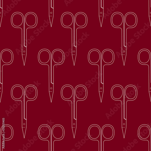 Pattern of scissors for manicure and pedicure. Vector texture. Thin line symbol. Design for banner, flyer, poster or print, websites, web design, mobile app on white background.