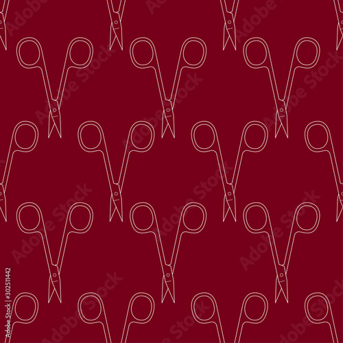 Pattern of scissors for manicure and pedicure. Vector texture. Thin line symbol. Design for banner, flyer, poster or print, websites, web design, mobile app on white background.