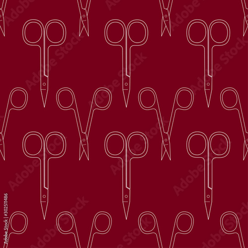 Pattern of scissors for manicure and pedicure. Vector texture. Thin line symbol. Design for banner, flyer, poster or print, websites, web design, mobile app on white background.
